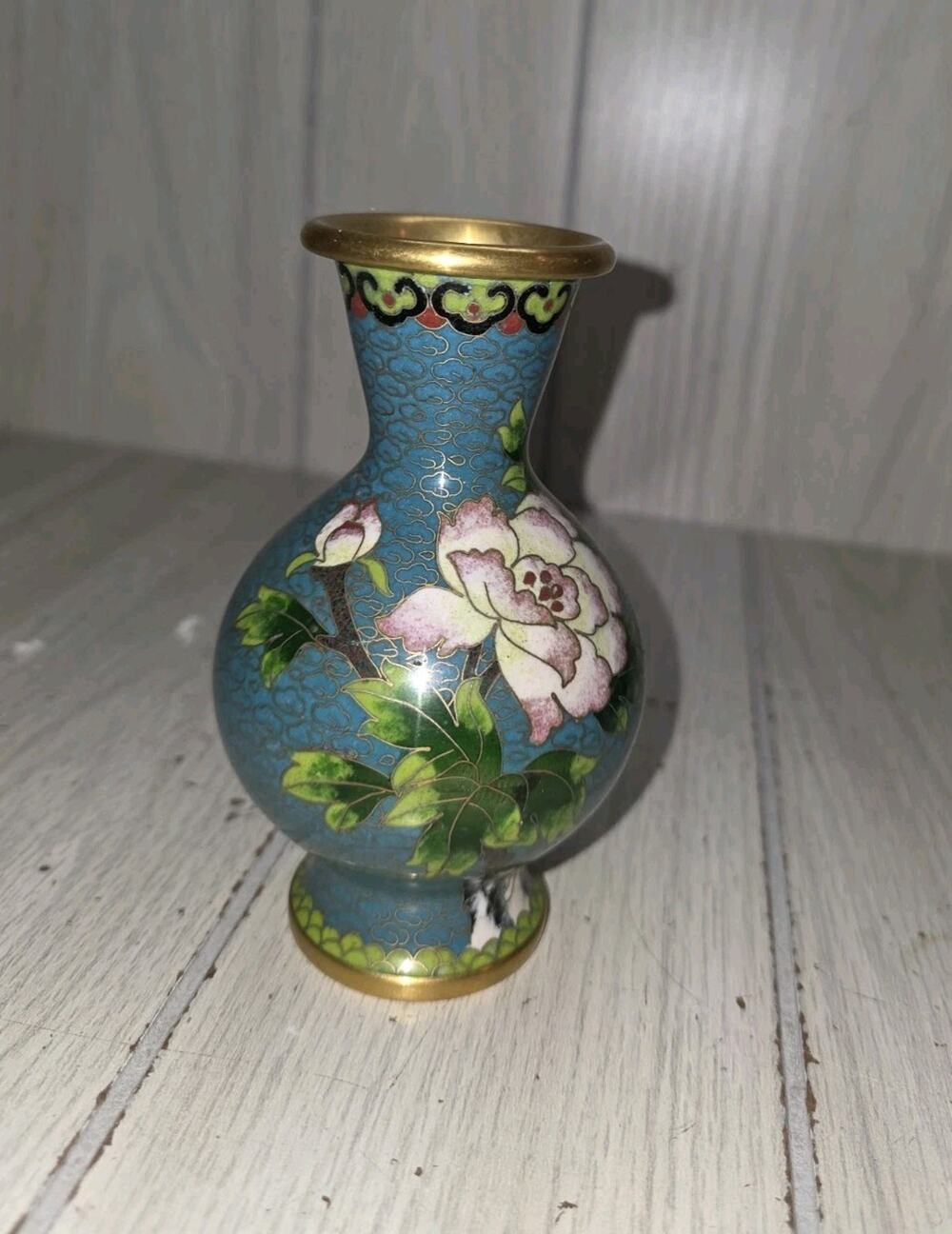 Vtg 1960s Chinese Enamel On Copper Brass Cloisonne Flower Vase Floral Design 5"